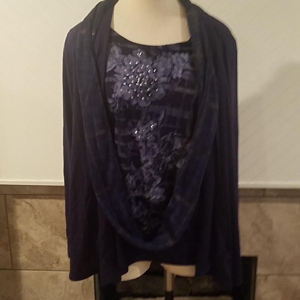 Navy blue mock cardigan top.